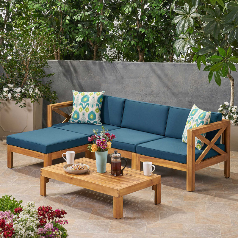 Ensemble de canapé Alcove Lhape, teck, Coussin bleu / structure en teck