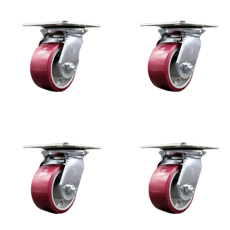 4 Inch Poly on Aluminum Caster Set with Roller Bearings and Swivel Locks SCC