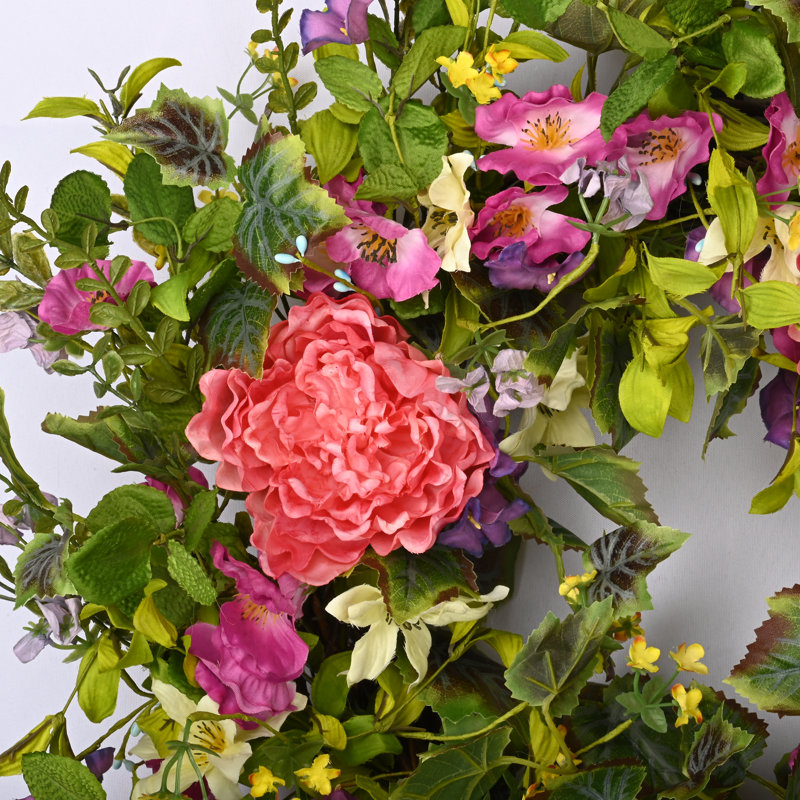 26" Handcrafted Faux Peony Morning Glory Wreath for Front Door, Pink/Green