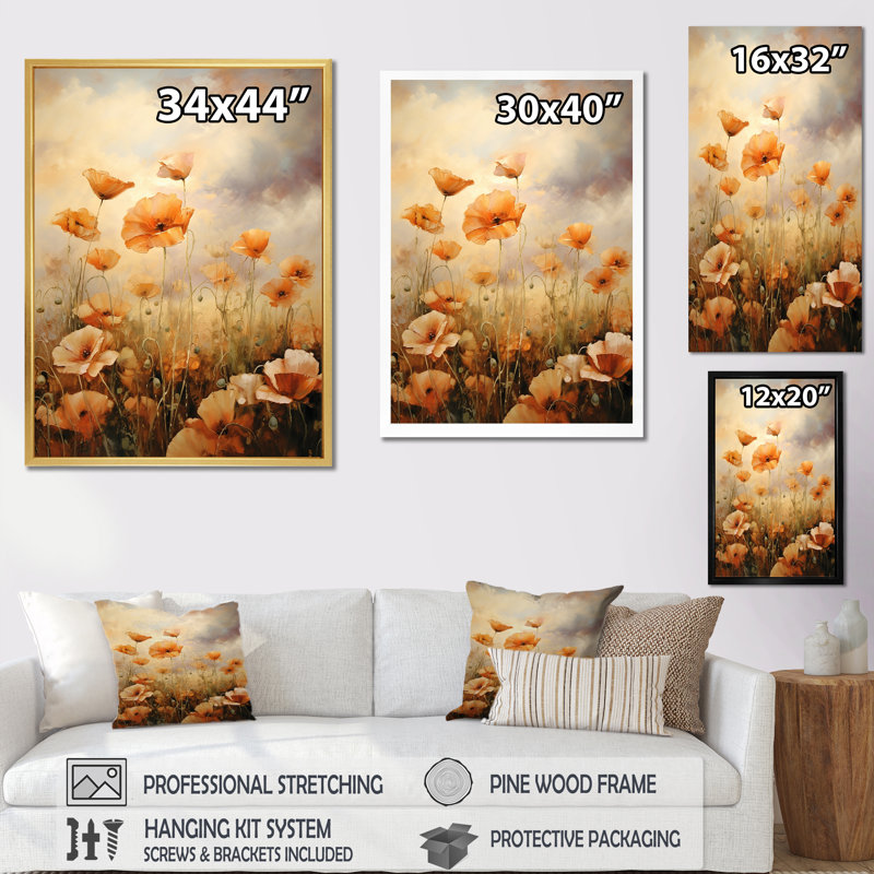 «Copper Clouds Field Of Poppies», reproduction d'art sur toile, Cadre naturel flottant, H 44 po x l 34 po
