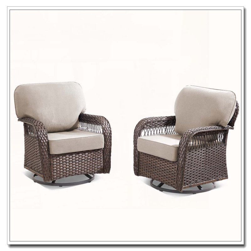 Ensemble de 2 chaises berçantes pivotantes d'extérieur avec coussins de dossier en forme de T, Beige