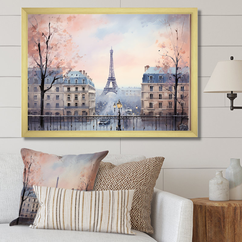 Vue rétro sur la ville de Paris, art mural de salon rétro, Cadre doré à coins fermés, H 34 po x l 44 po x P 1,5 po