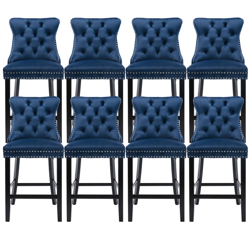 Contemporary Counter Height Velvet Bar Stools (Set of 8), Navy