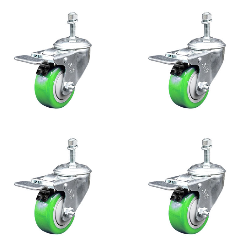 Ensemble de roulettes à tige filetée en polyuréthane 3 pouces 10mm, Vert