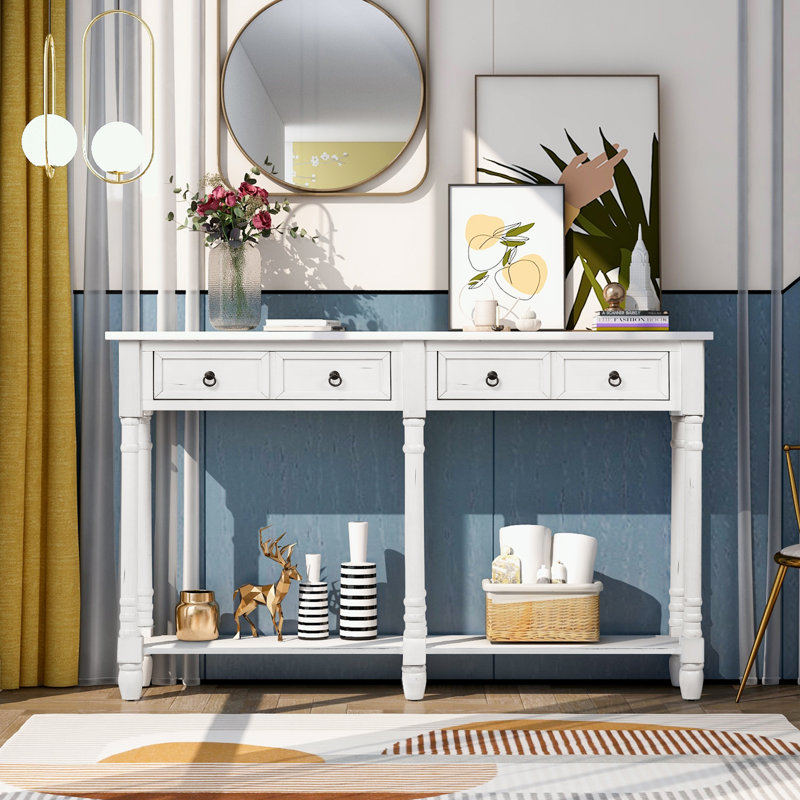 Console en bois massif de 57,9 po, Blanc antique, Blanc antique