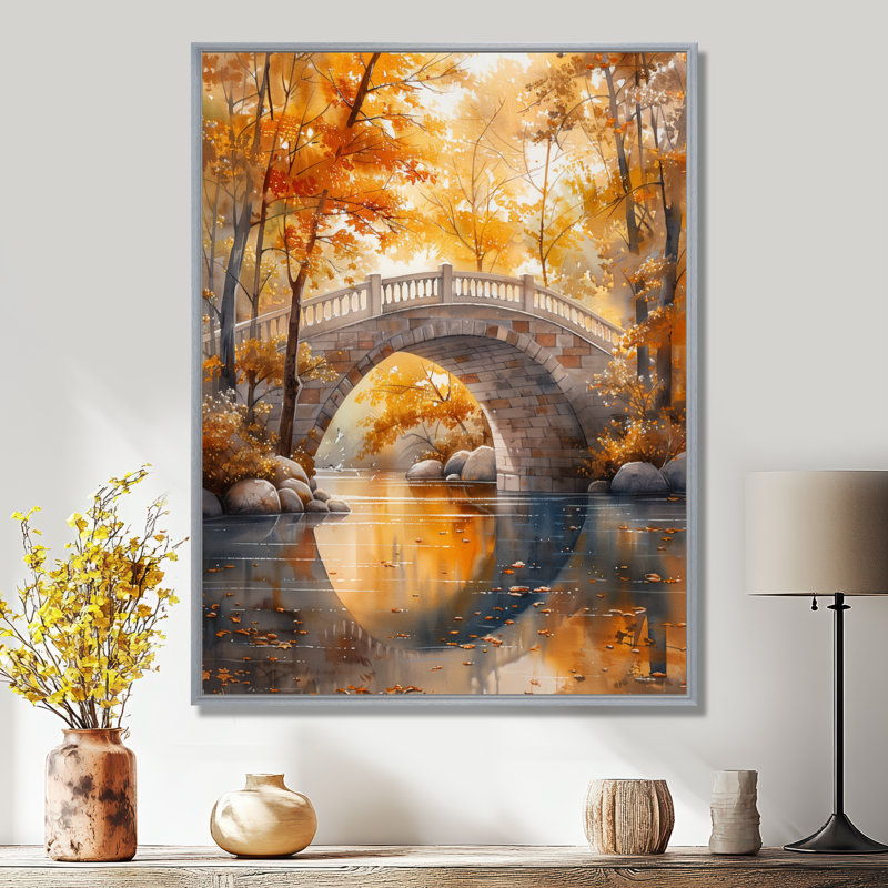 Salon de l'art mural jaune et beige, automne, rivière de beauté II, Encadrement argenté, H 20 po x l 12 po x P 1 po