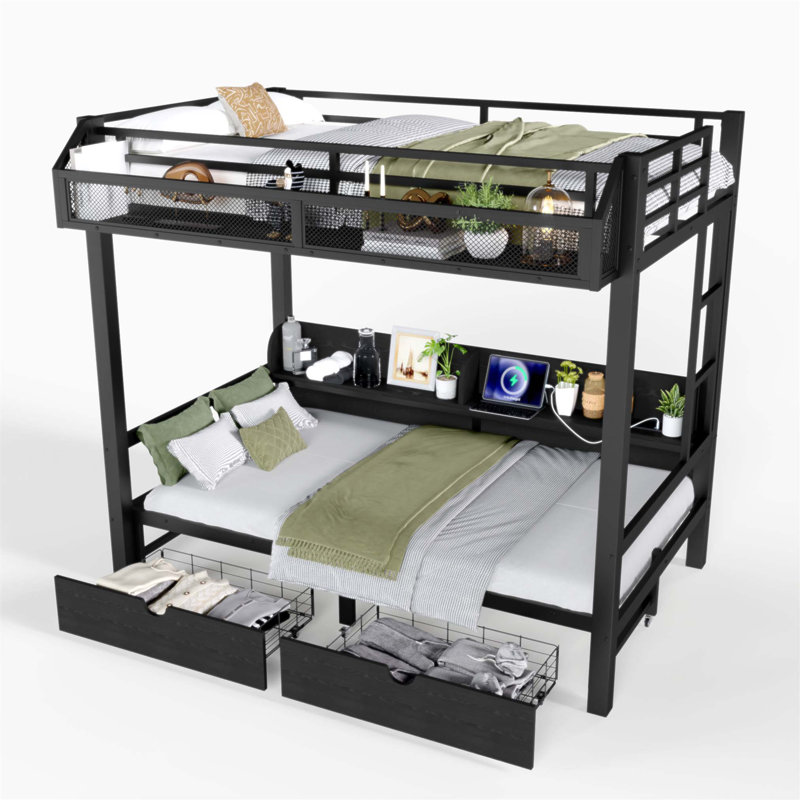 Lit superposé multifonctionnel en métal avec rangement, ports USB, lumières DEL et canapé-lit inférieur convertible