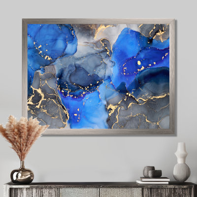 Blue and Black Luxury Abstract Fluid Art I - Abstract Painting on Canvas Print