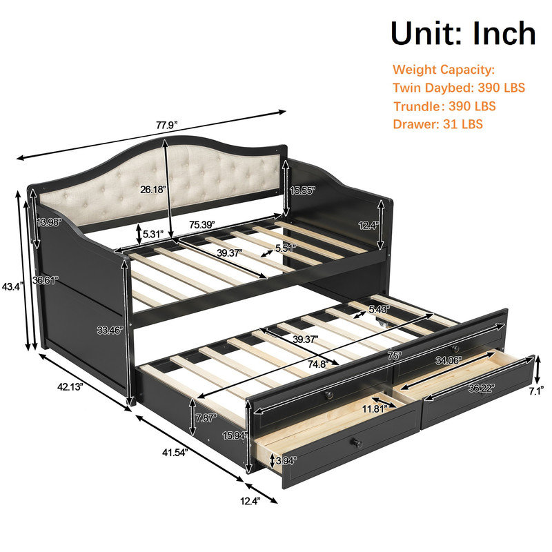 Twin Daybed with Trundle and Storage Drawers, Black