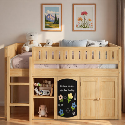 Loft Bed With Double-door Cabinet, Open Shelves And Chalkboard Panel