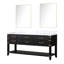 72 po L, plateau en marbre, meuble-lavabo double en chêne noir, tiroirs à fermeture en douceur, miroirs, plateau de rangement, large, quatre