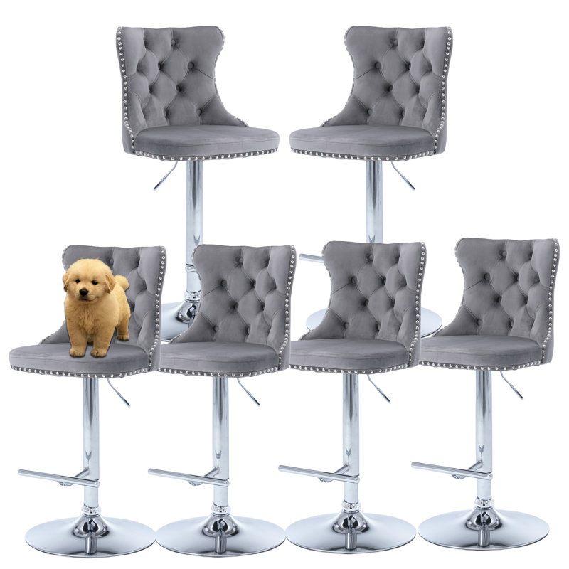 Ensemble de 6 tabourets de bar pivotants en velours capitonné, Gris, 6
