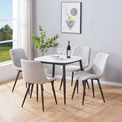 Aspen Sintered Stone Square Table with 4 Diamond Stitch Upholstered Fabric Chairs - Modern Dining Set