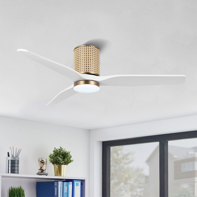 52 po Ventilateur de plafond encastré 3 pales en bois massif avec lumière DEL, Blanc, Or / naturel