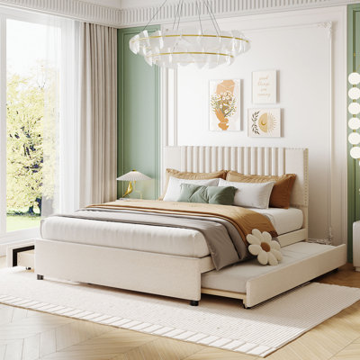 Grand lit plateforme tapissier avec 2 tiroirs et 1 lit gigogne simple TG, tête de lit classique, beige