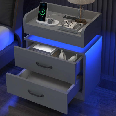 3-Piece Bedroom Set, Smart LED Upholstered Bed & LED Charging Nightstands