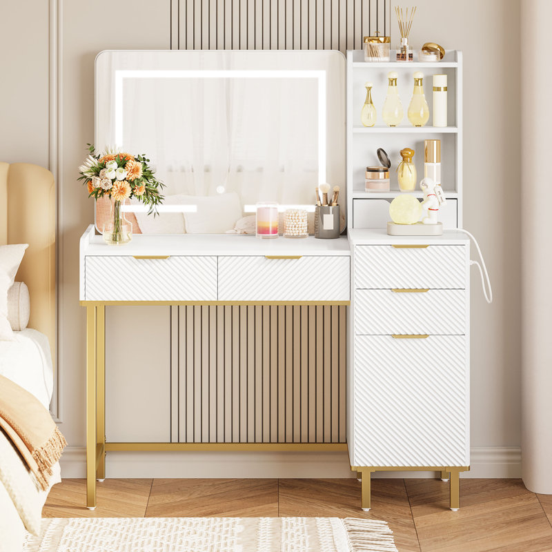 45.3’’L Modern Style Vanity Desk With Mirror, LED Lights And Power Outlet, Bedroom Makeup Vanity Table With Storage Cabinet And 4 Drawers