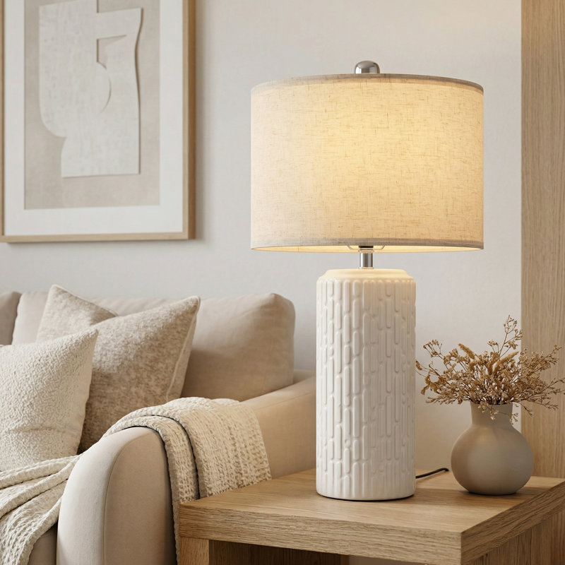 Lampe de table 21 po moderne en céramique texturée avec abat-jour en lin, Blanc, crème
