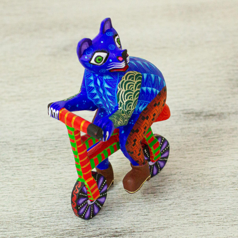 Novica Handmade Bicycle Cat Wool Alebrije Sculpture
