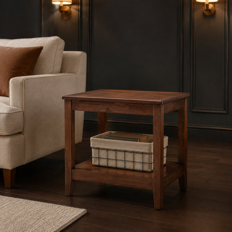 Solid Wood Rustic Side Table, 2-Tier End Table with Open Storage Shelf, Multi-Functional Sofa Side Table