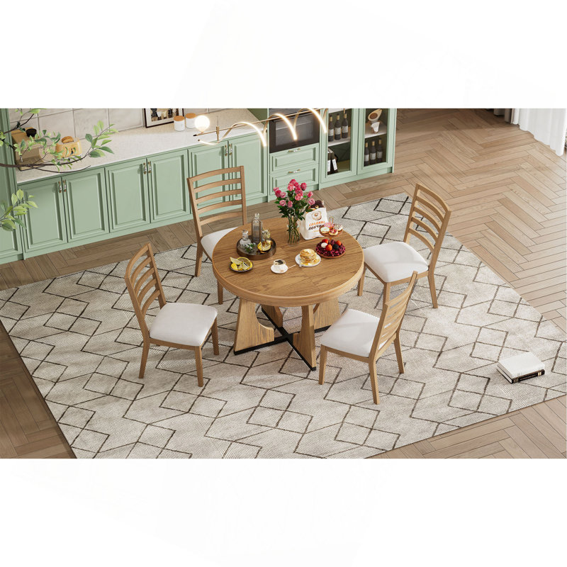 TREXM Round Dining Table for 4 with Chairs Set, Extendable Dining Table Set with 16" Removable Middle Leaf, 5 Piece Retro Dining Table Set Unique Geometric Design for Kitchen, Dining Room