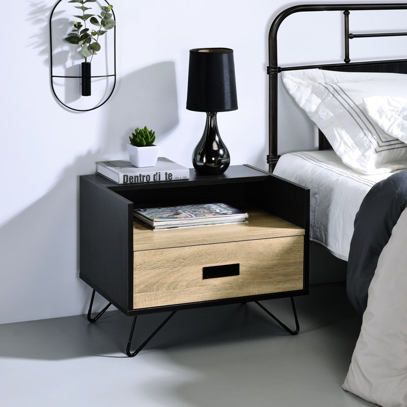 Table de chevet en chêne et noire avec tiroir en métal, 1 pour la chambre à coucher noire, optimisation de l'espace d'organisation