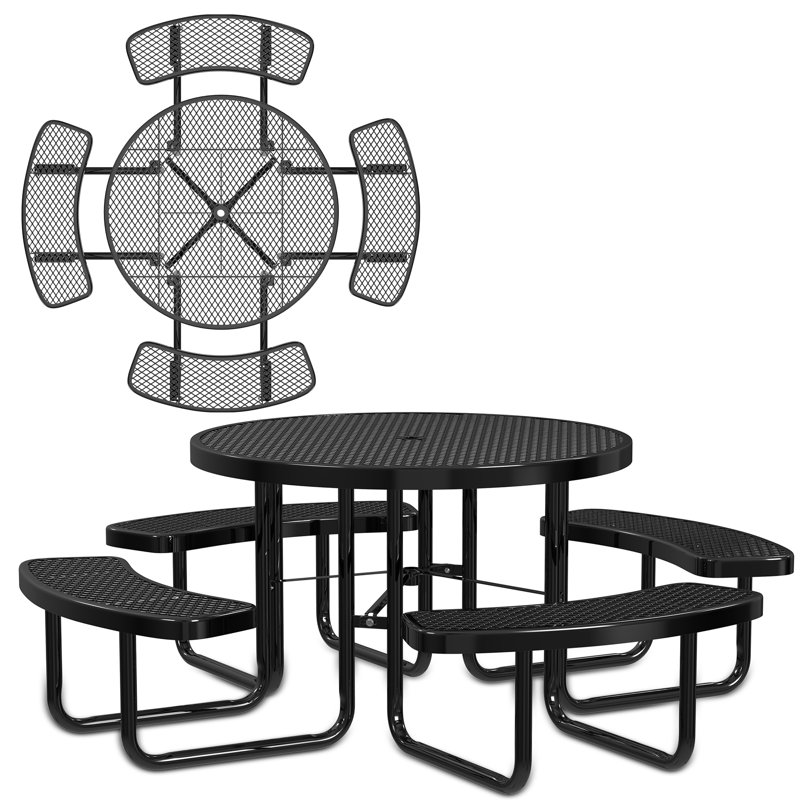 Leisure Craft 46" Round Outdoor Picnic Table with 4 Bench Seats, Black