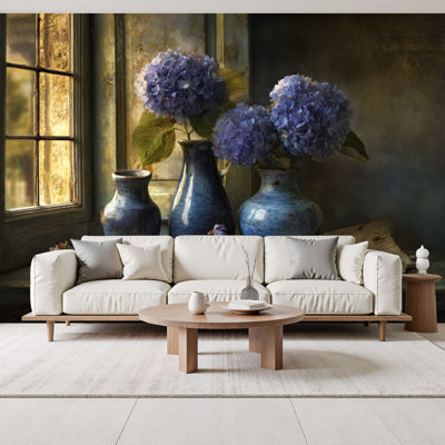 Peel and Stick Wallpaper Rustic Wooden Table Antique Ceramic Vases Wall Murals 69"H x 96"W Removable PVC Wall Paper Self-Adhesive Wall Decor for Bedroom Living Room Home Office