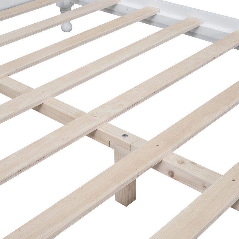 Taille de lit plateforme en bois, lit plateforme de style rétro avec support en lattes de bois, Blanc, Grand lit
