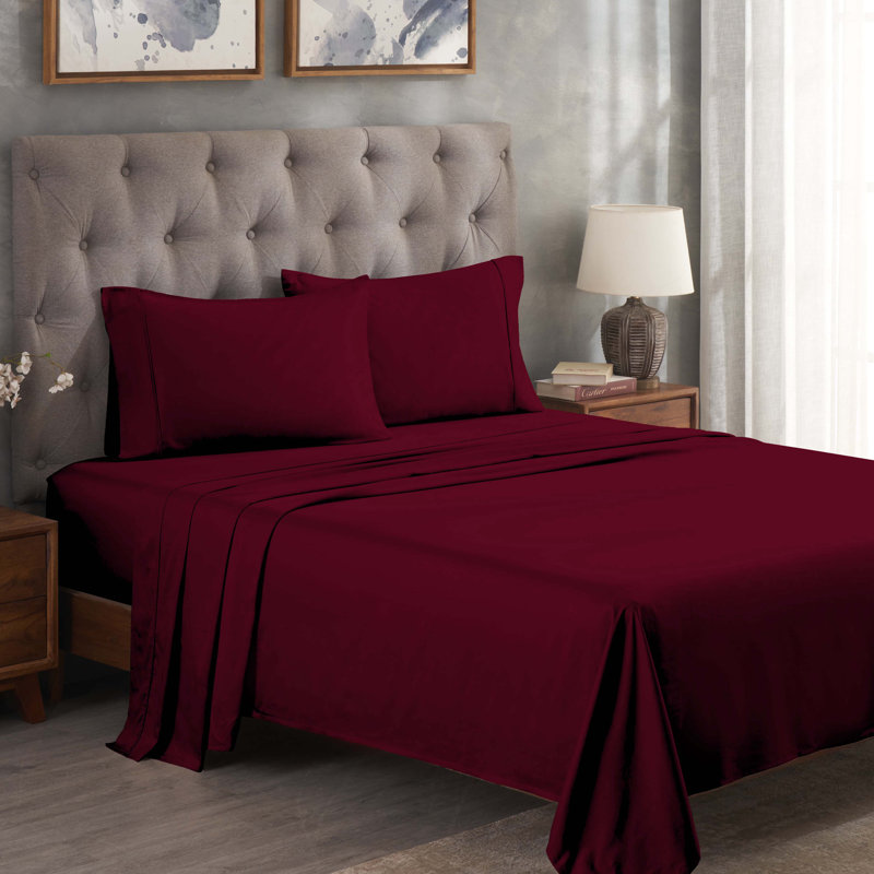 300 Thread Count Certified Egyptian Cotton Blend Solid Deep Pocket Bed Sheet Set, Burgundy, Split King Sheet Set