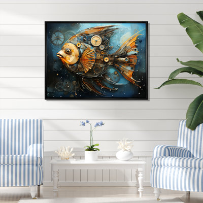 «Yellow Cubist Fish», art mural bleu