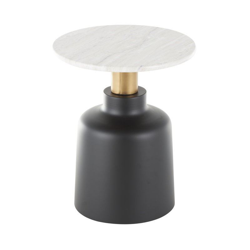 Yaretsy Metal Pedestal Side End Black Accent Table with Faux White Marble Top