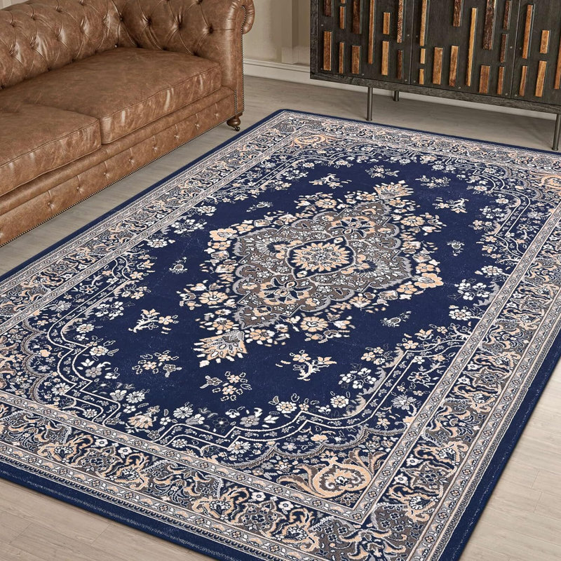 Delcine Washable Floral Indoor Rug, Rectangle 5' x 7', Blue