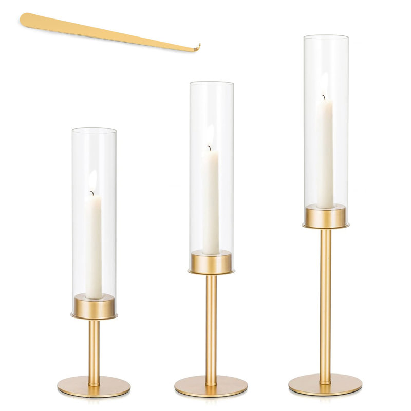 Gold Hurricane Glass Candle Holder Set of 3, Tall Metal & Windproof Glass Taper Candle Holders, Elegant Table Centerpieces for Holiday Decorations, Outdoor & Indoor, Includes Gold Candle Hooks