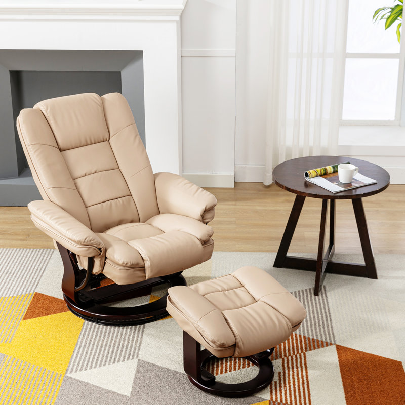 32" Contemporary Leather Recliner and Ottoman with Swiveling Mahogany Wood Base, New Beige