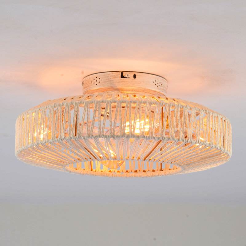 20"  Rope Caged Ceiling Fans With  Remote,  Flush Mount Ceiling Fan With Light, Low Profile Chandelier 6 Speed Dc Motor Reversible Ceiling Fan For  Living Room Bedroom.--Not Included Bulbs-Matte White