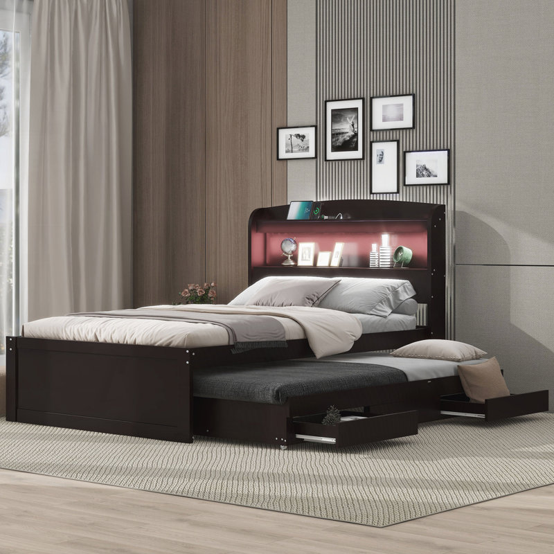 Bed With Trundle, Drawers and Outlet, Brown, Full