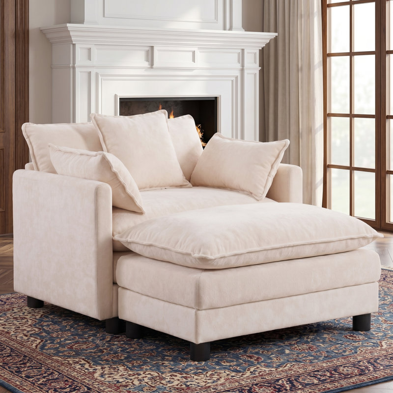 Fauteuil d'appoint surdimensionné en chenille avec repose-pieds, Beige