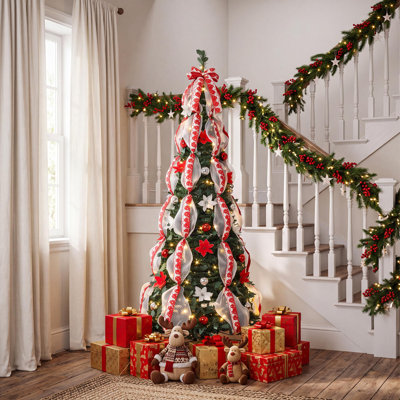 Sapin de Noël pliable et illuminé de 1,8 m, 200 lumières DEL blanc chaud avec 8 modes, idéal pour les appartements et les petits espaces.