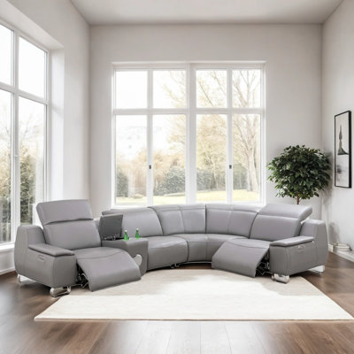 207" Wide 5-Piece Multifunction Grey Genuine Leather Living Room Sofa Set by Orren Ellis