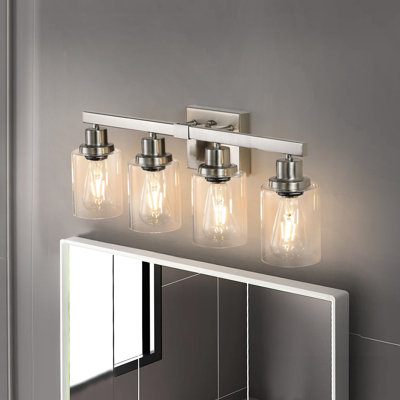 Éclairage de meuble-lavabo moderne pour salle de bain 4 - Finition nickel brossé avec verre transparent pour salle de bain et luminaire 4 lumières