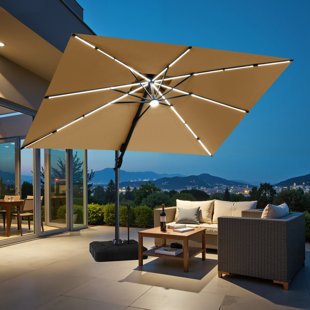 9 X 11 Ft Rectangular Patio Cantilever Umbrella With Solar Led Lights With Weighted Base
