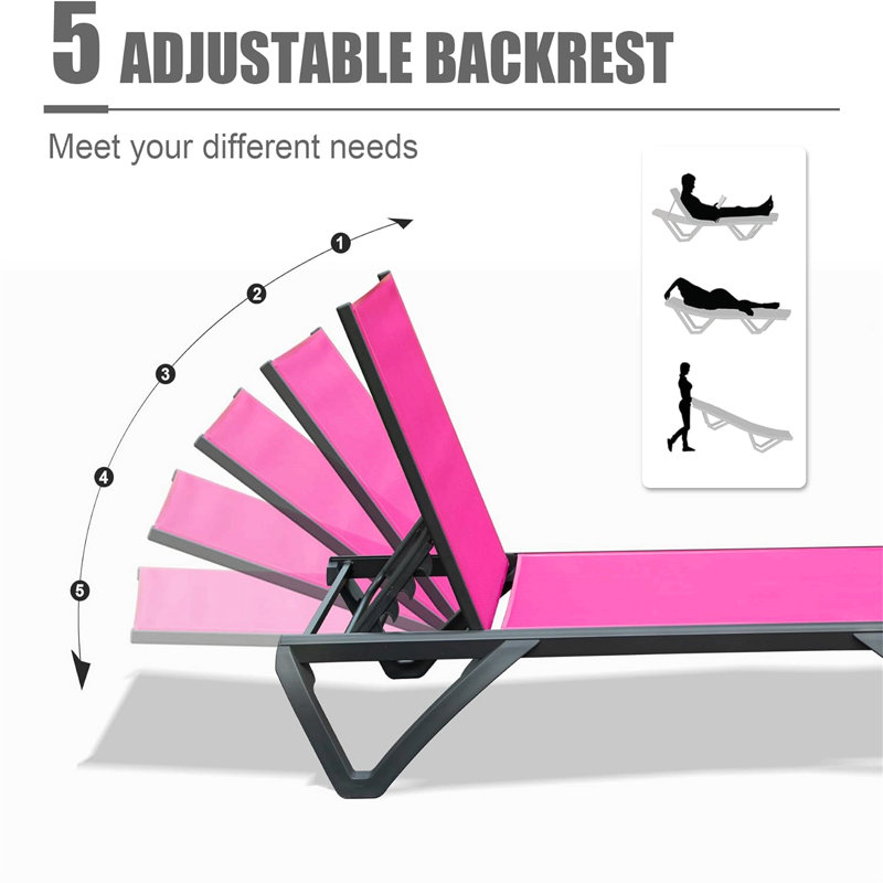 Outdoor Lounge Chair, 2 Pieces Aluminum Patio Chaise Lounge With 5 Position Adjustable Backrest And Wheels, All Weather Reclining Chair For Outdoor, Beach, Yard, Pool