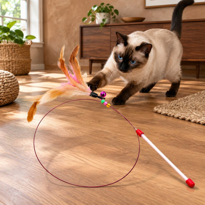 Baguette à chat en fil d'acier avec plumes, perles et clochettes, jouet interactif de type canne à pêche pour l'éducation, la poursuite et l'exercice des chatons d'intérieur