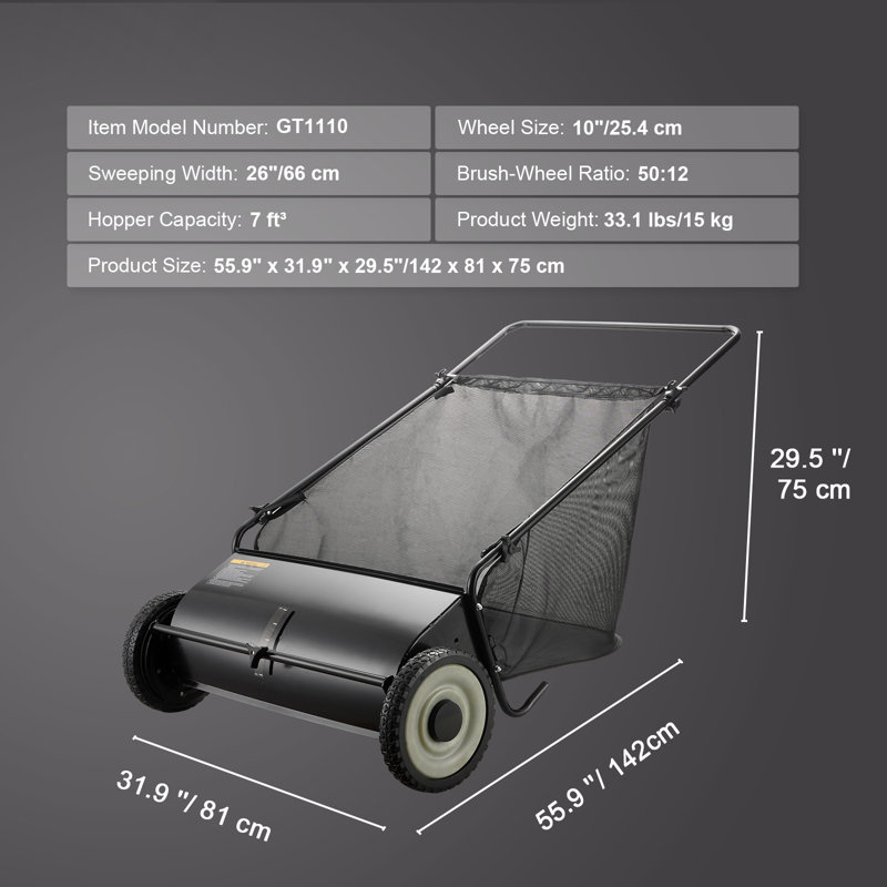 Push Lawn Sweeper, 26-inch Leaf & Grass Collector, Durable to Use with Large Capacity 7 cu. ft. Mesh Collection Hopper Bag, 4 Spinning Brushes, Strong Rubber Wheels & Heavy-Duty Thickened Steel