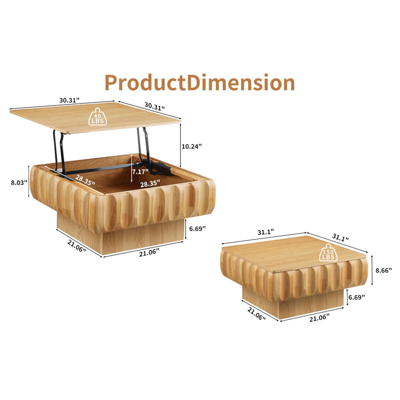 31.1" Lift-Top Natural Coffee Table with Hidden Storage, Natural