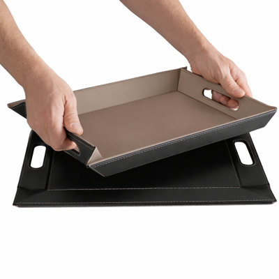 FREEFORM 2-in-1 Convertible Serving Tray & Placemat, Premium Faux Leather - Ottoman Tray, Couch Tray & Lap Tray with Handles, Reversible - Black & Mocha