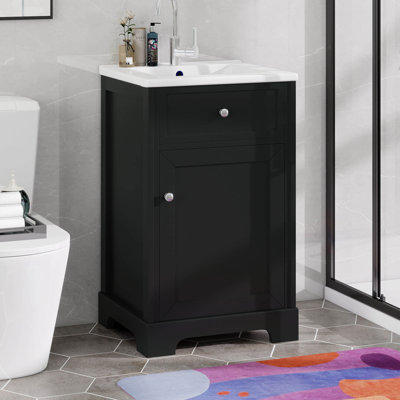 Meuble-lavabo de 20 po avec lavabo supérieur en céramique, armoire de salle de bain, support de rangement à deux niveaux et tablettes réglables