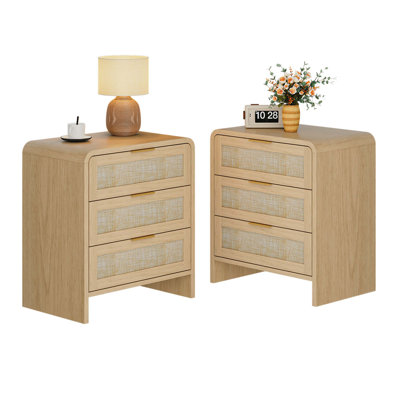 Ensemble de table de chevet 3 tiroirs en rotin de 22,8 po de largeur, rangement moderne pour chambre à coucher, chêne naturel.