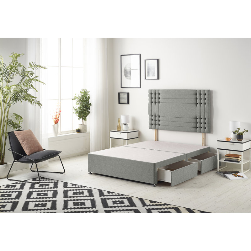 Dennishia Divan Bed Base with Headboard and Optional Drawers Linen Fabric, Silver, Super King (6'), 4 Drawers